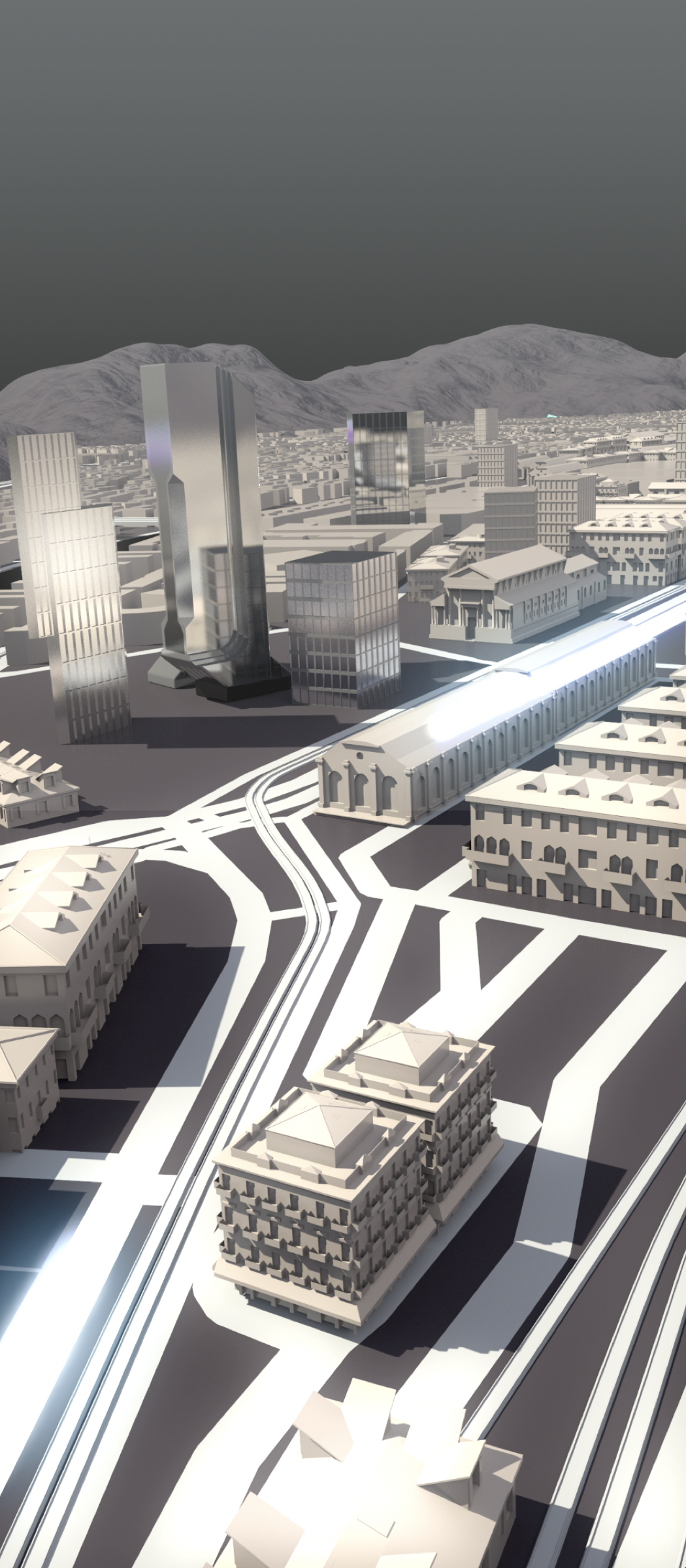 Monochrome 3D motion still — street-level view of a future city for the Future of Mobility module